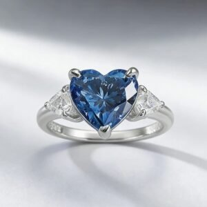 Heart Cut Blue CZ Silver Three-Stone Ring