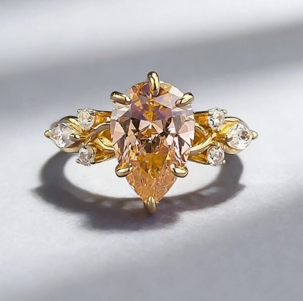 Vintage Inspired Teardrop Peach CZ Gold Ring